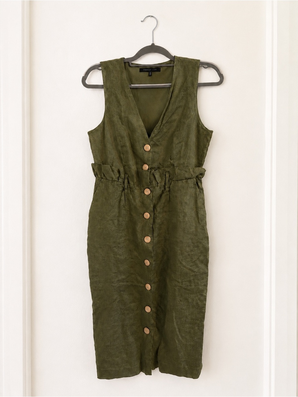 Olive Green Linen Midi Dress • Size 6 • Sleeveless • Vacation - Coastal Grandma